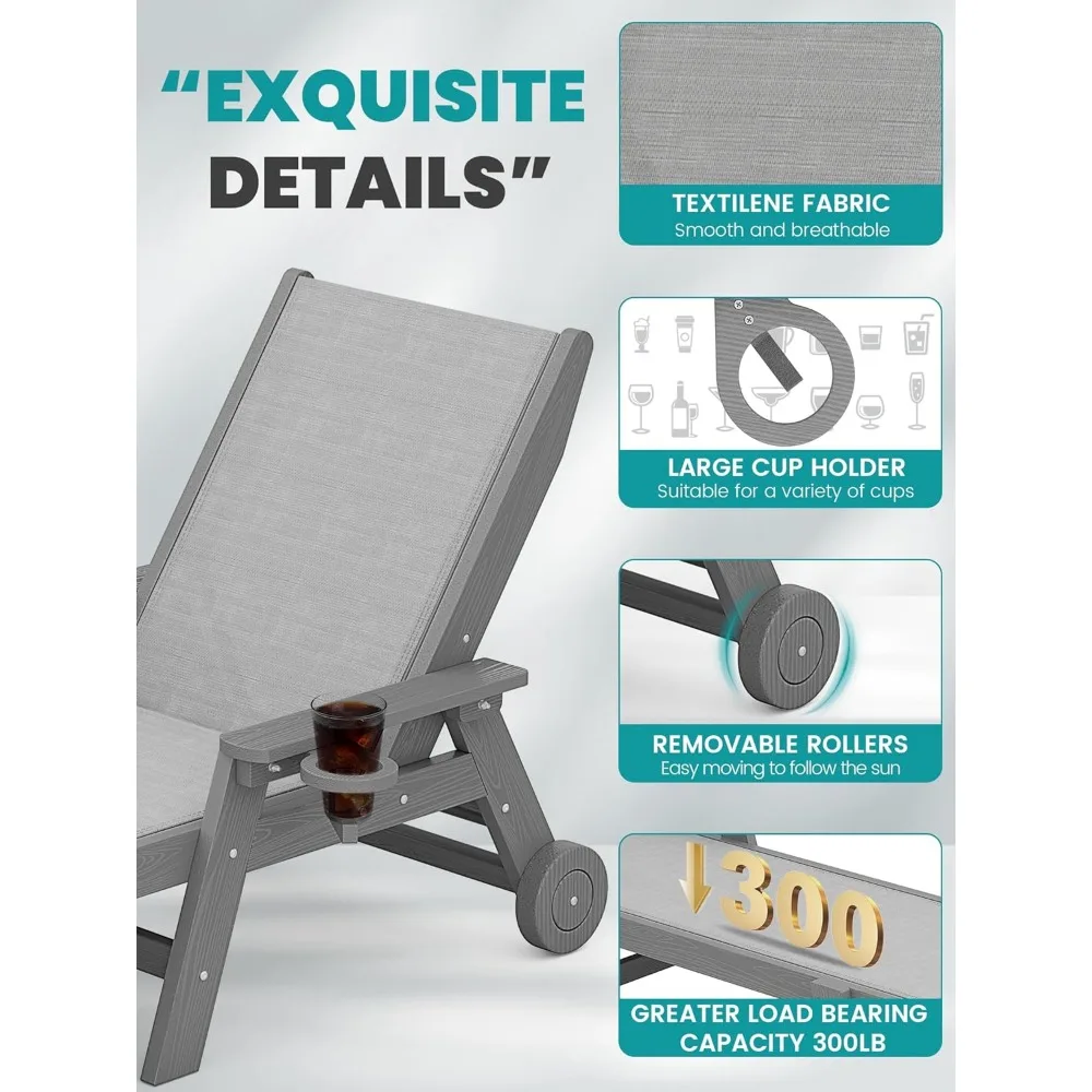 Patio Chaise Lounge Chair Set of 2, 5 Positions Outdoor Lounger for Pool, Textilene Lounge Chair with Rolling Wheels for Poolsi