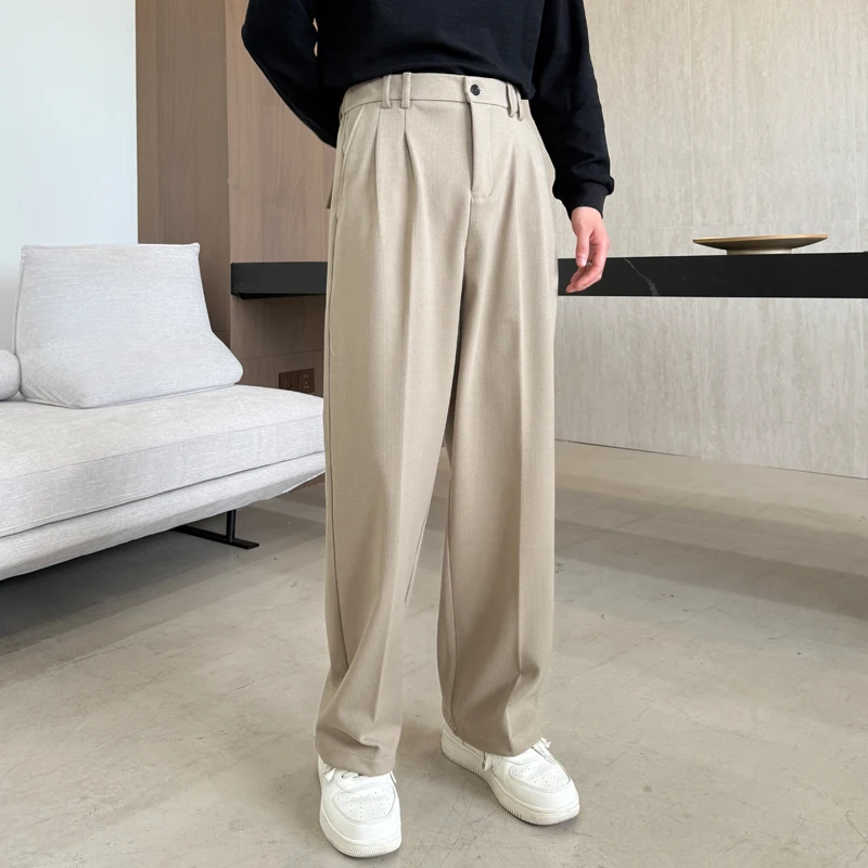 

Autumn Winter Men's Casual Thickened Wide Leg Pants Woolen Straight Leg Loose Fit Pure Color Long Trousers Comfortable High W...