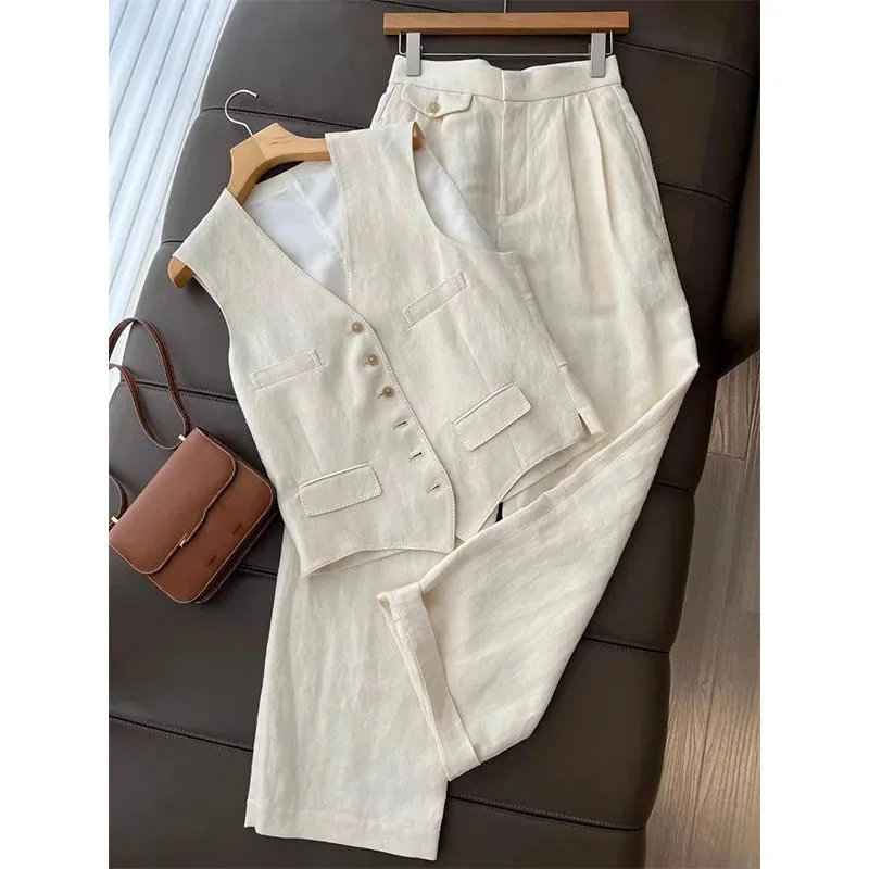 

Лето 2025 г., новый корейский модный дизайн, темпераментные комплекты, офисный женский жилет без рукавов + широкие брюки, комплект из двух предметов, женские костюмы