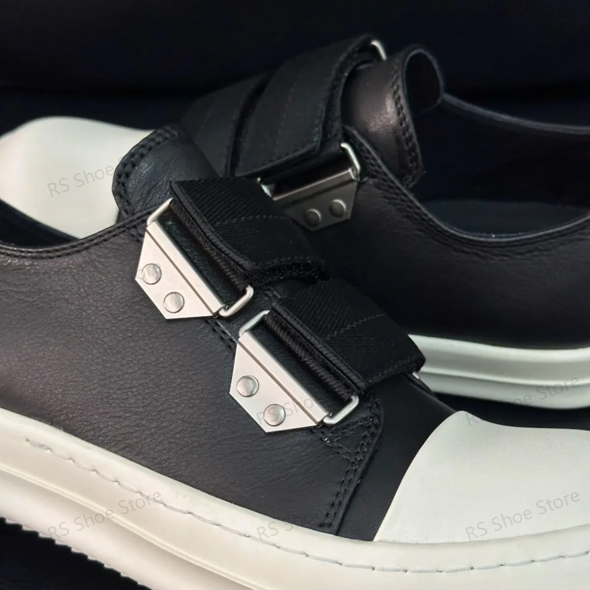

Ro Luxury Low Top Sneakers Men Black Leather Sneaker High End Thick Sole High Quality Cowhide Velcro Shoes Hook&Loop Casual Shoe