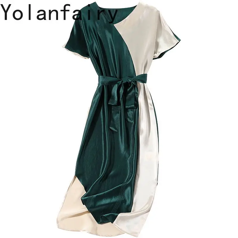 Sukienki damskie YOLANFAIRY, 74% octan, kolekcja lato 2025, delikatne, asymetryczne, eleganckie sukienki w blokach kolorystycznych, sukienka damska z koronkowym wiązaniem, Ropa Mujer