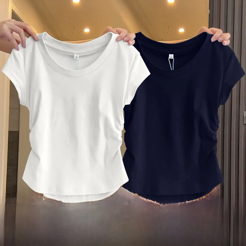 Women's ort Sve T-irt 2025 New Summer Slim Fit Design Teaded Waist Pure Color Body a Versatile Top Quali