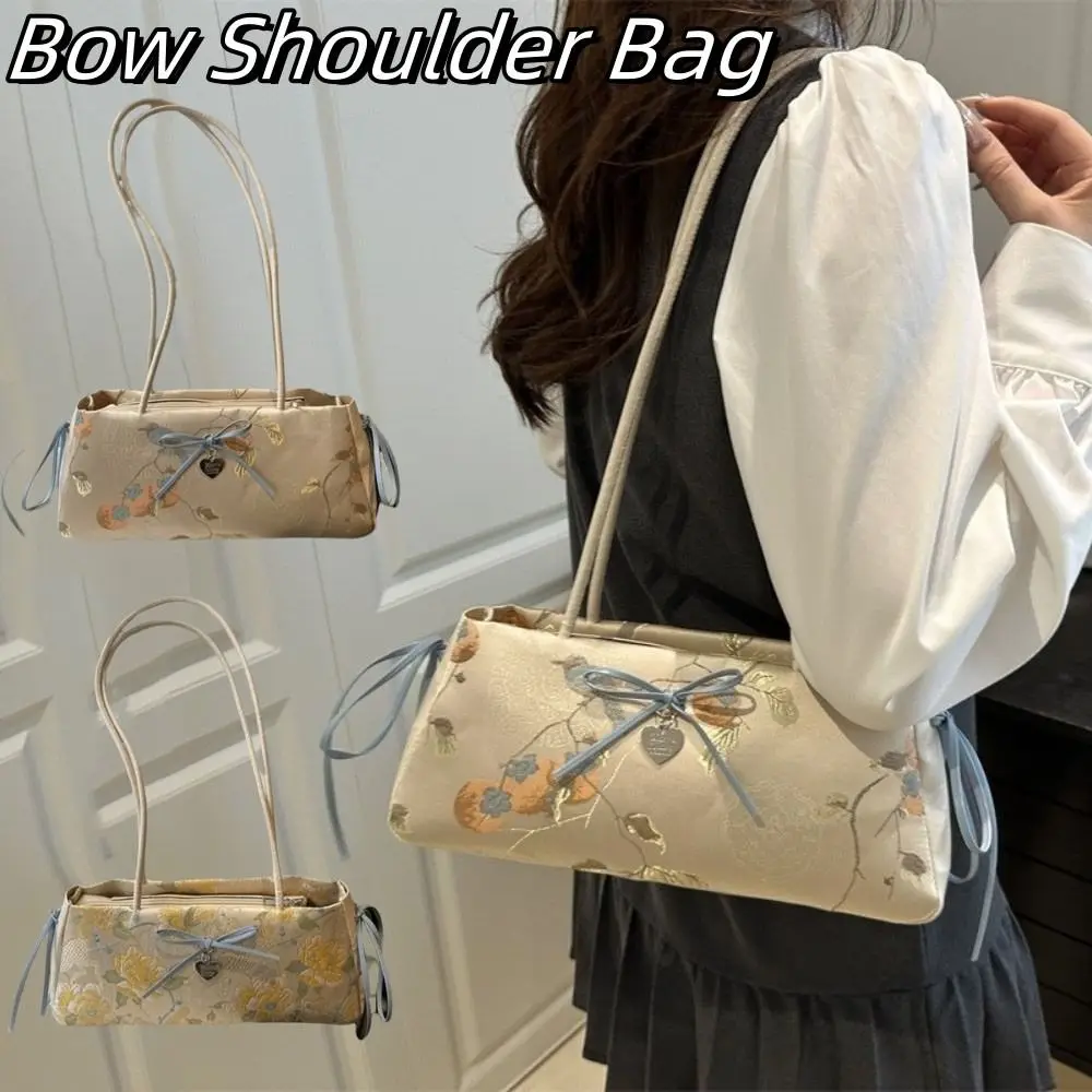 

Sweet Flower French Stick Handbag Chinese Style Ribbon Bow Shoulder Bag Texture Cloth Underarm Bags Travel