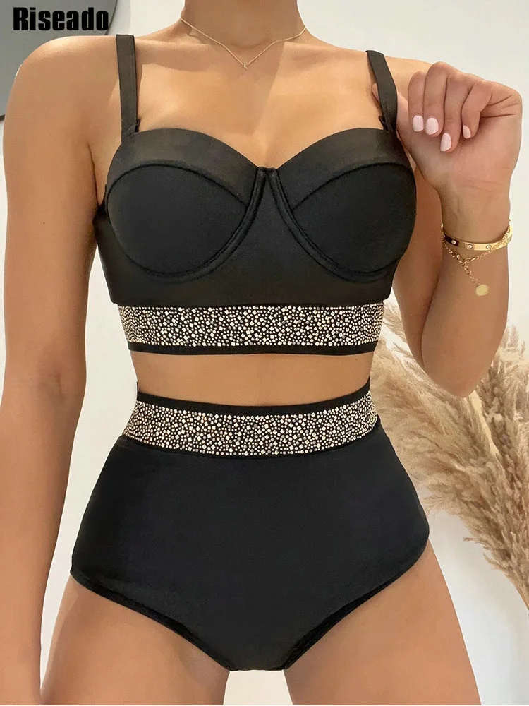 Riseado Push Up Bikini Woman 2023 Rhinestone Studded Swimsuits High Waist Sexy Swimwear Women Solid Biquinis Straps Bathing Suit