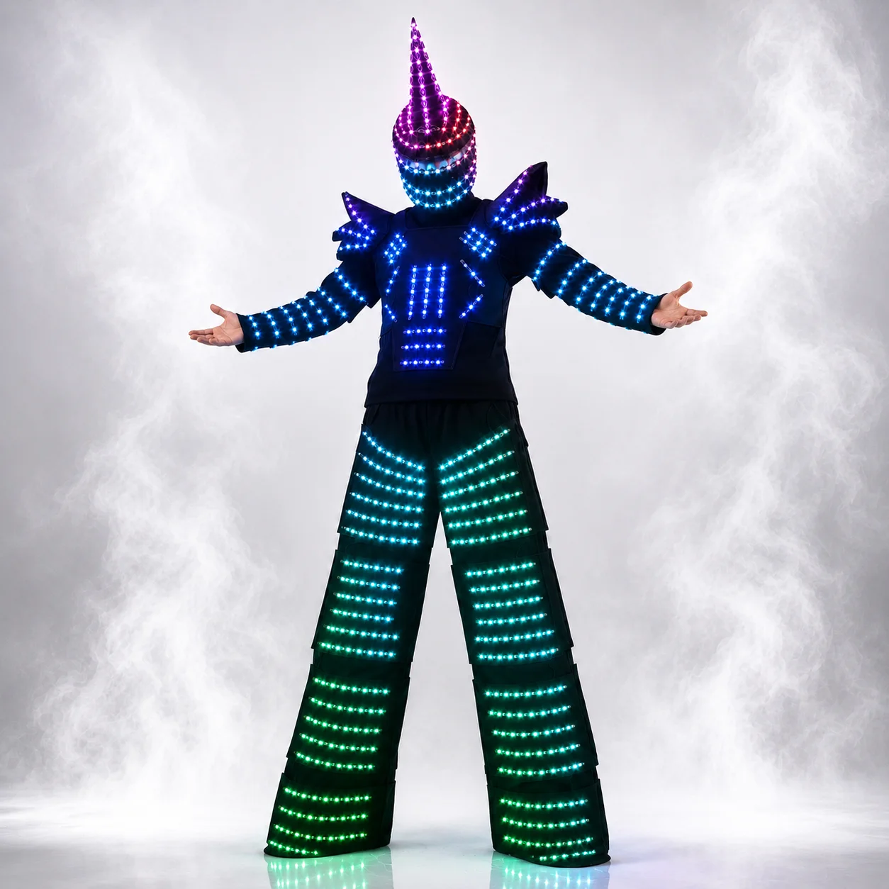 RGB LED Futuristic Armor Costume with Helmet Remote Control Light Up Robot Suit for Stage Show DJ Festival Party Performance