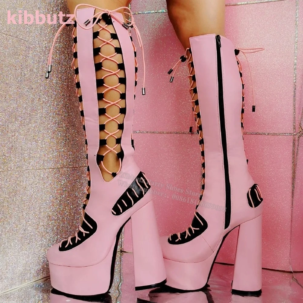 

Strappy Platform Sandal Boots Mixed Colors Pointy Square Heels Pink Side Zipper Knee-High Sexy Fashion Shoes Hot Girls Plus Size