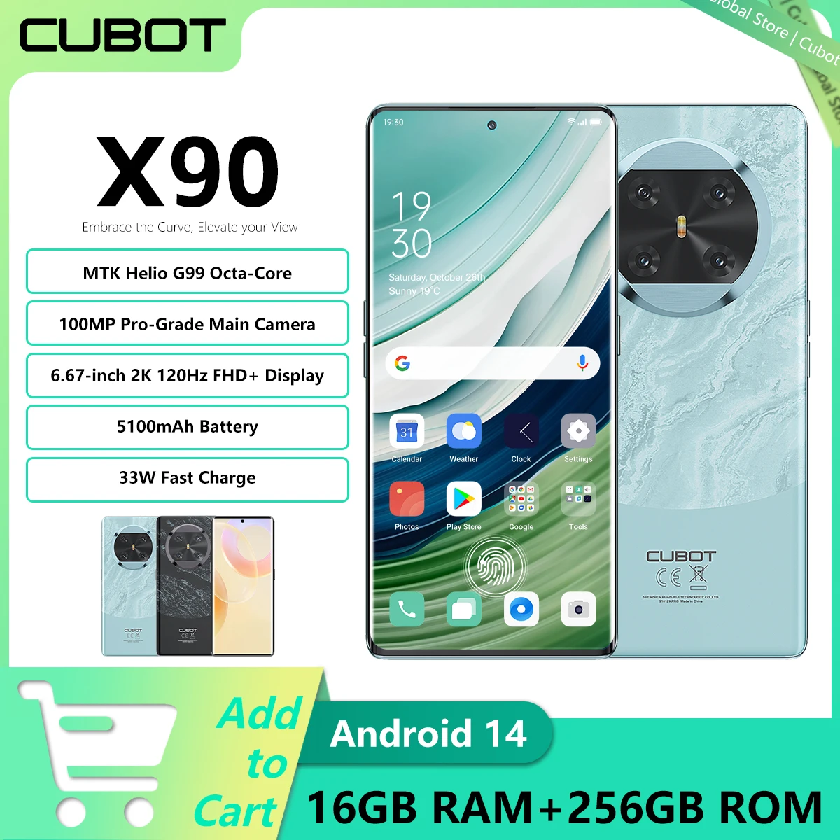 Смартфон CUBOT X90 Android 14 6,67 дюйма, AMOLED, 120 Гц, экран Heilo G99, отпечаток пальца, 16 ГБ ОЗУ + 256 ГБ ПЗУ, 100 МП, основная камера NFC