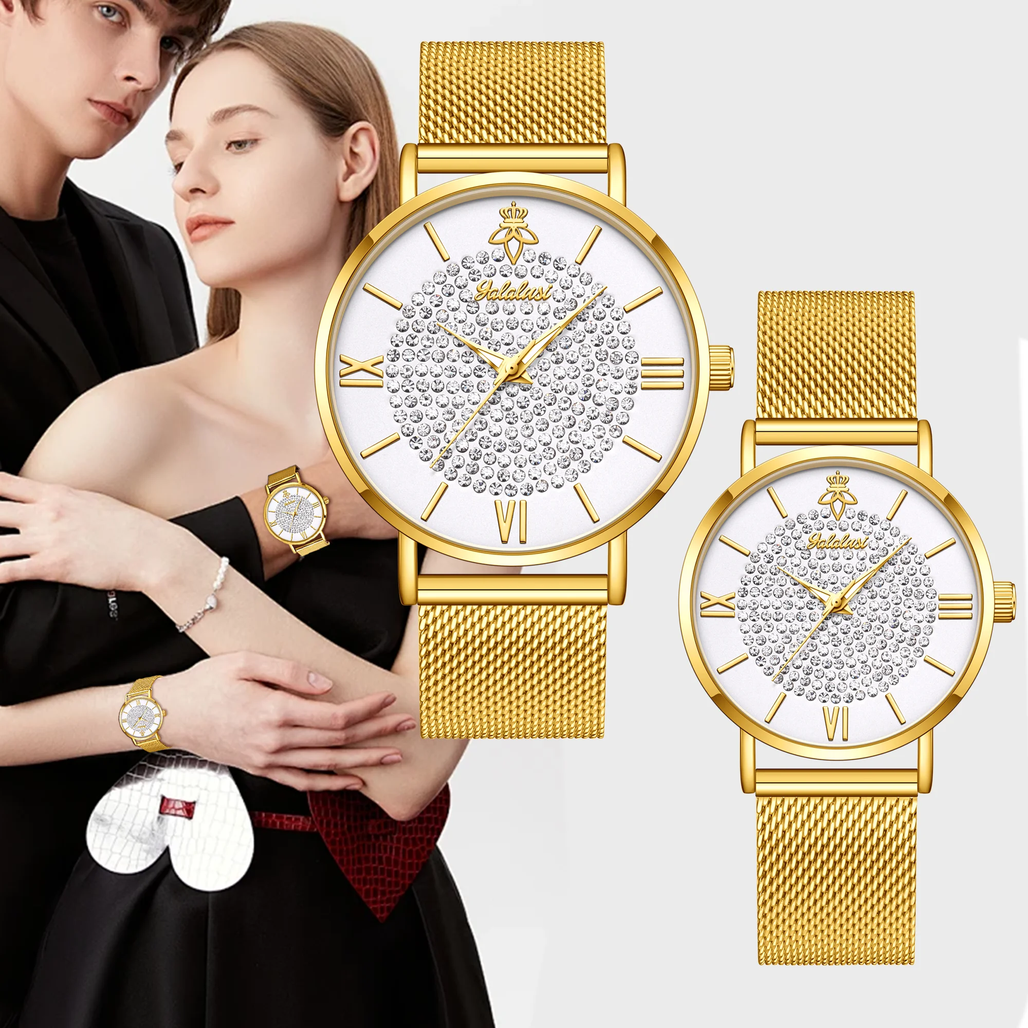 YaLaLuSi Fashionable Diamond-Set Dial Watches for Men and Women; Roman Numeral Mesh Strap Couple’s Watches Reloj