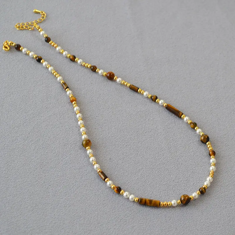 Niche Retro Mirador Style Tiger Eye Stone Pearl Splicing Beads Asymmetric Necklace Collarbone Chain