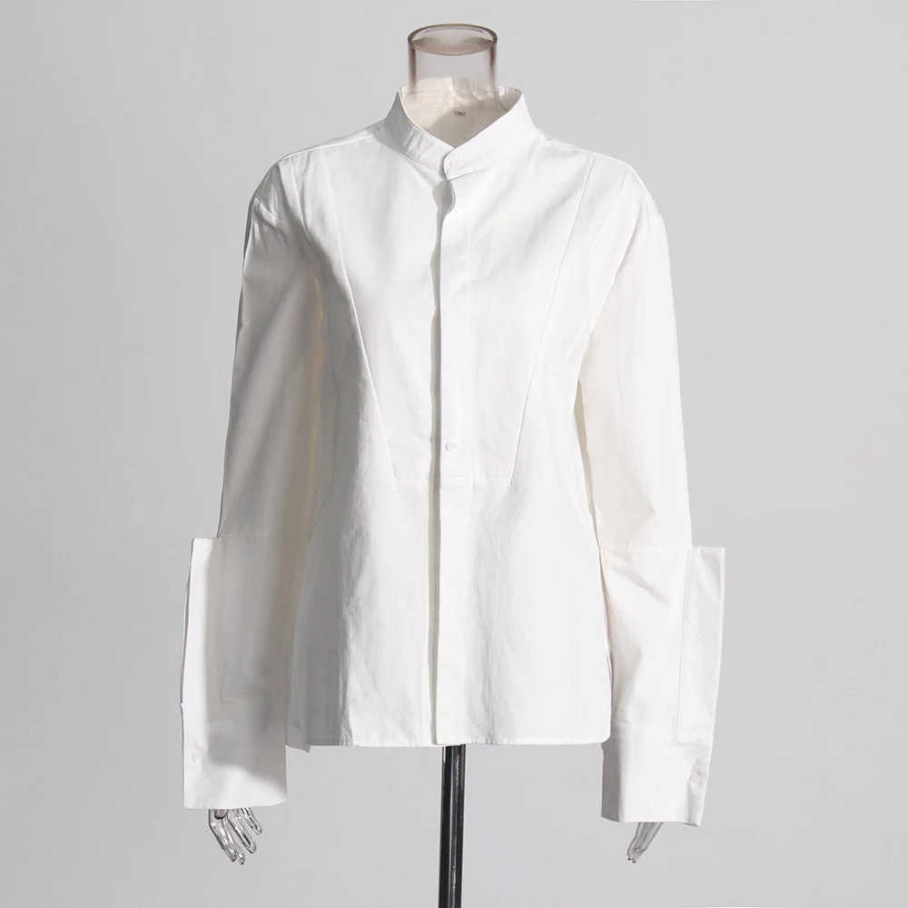 Twotwinstyle camisas minimalistas para as mulheres soltas blusa casual manga comprida em torno do pescoço emendado single-breasted cor sólida