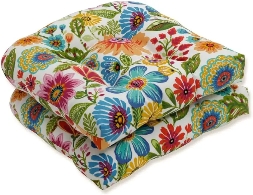 

Bright Floral Indoor Outdoor Tufted Wicker Seat Cushion, 2 Pack, 19x19 Inches, Blue Purple