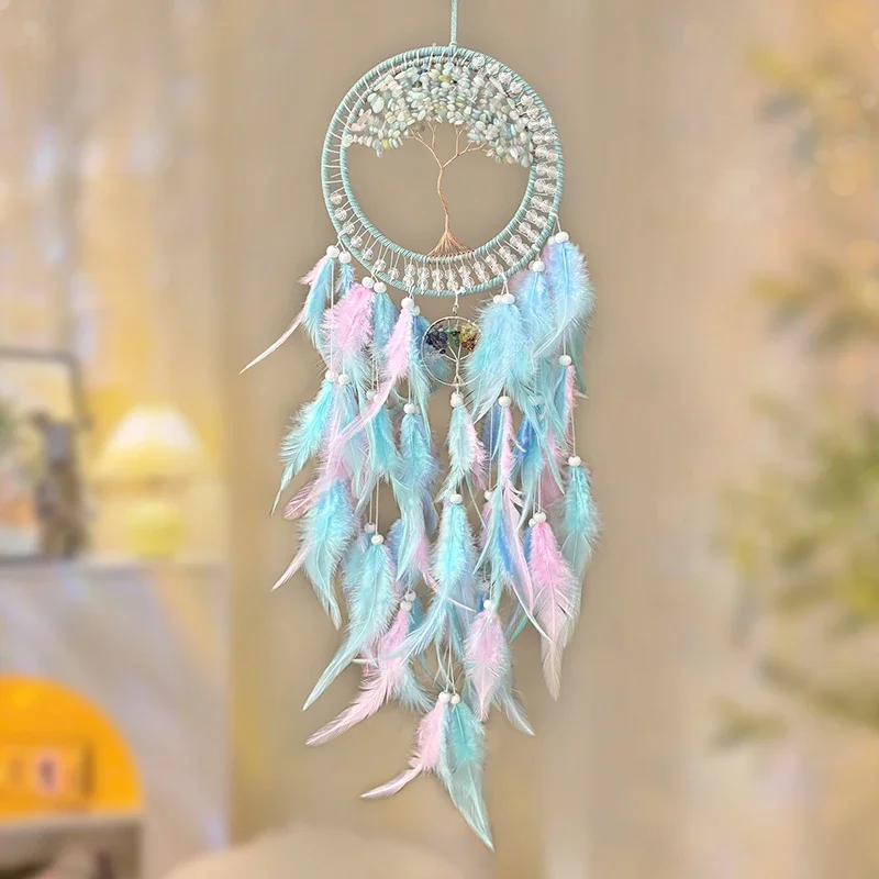 Handmade Crystal Stone Wind Chimes Dream Catcher Colorful Feathers Bedroom Hanging Ornaments Wall Pendants Festival Party Gifts
