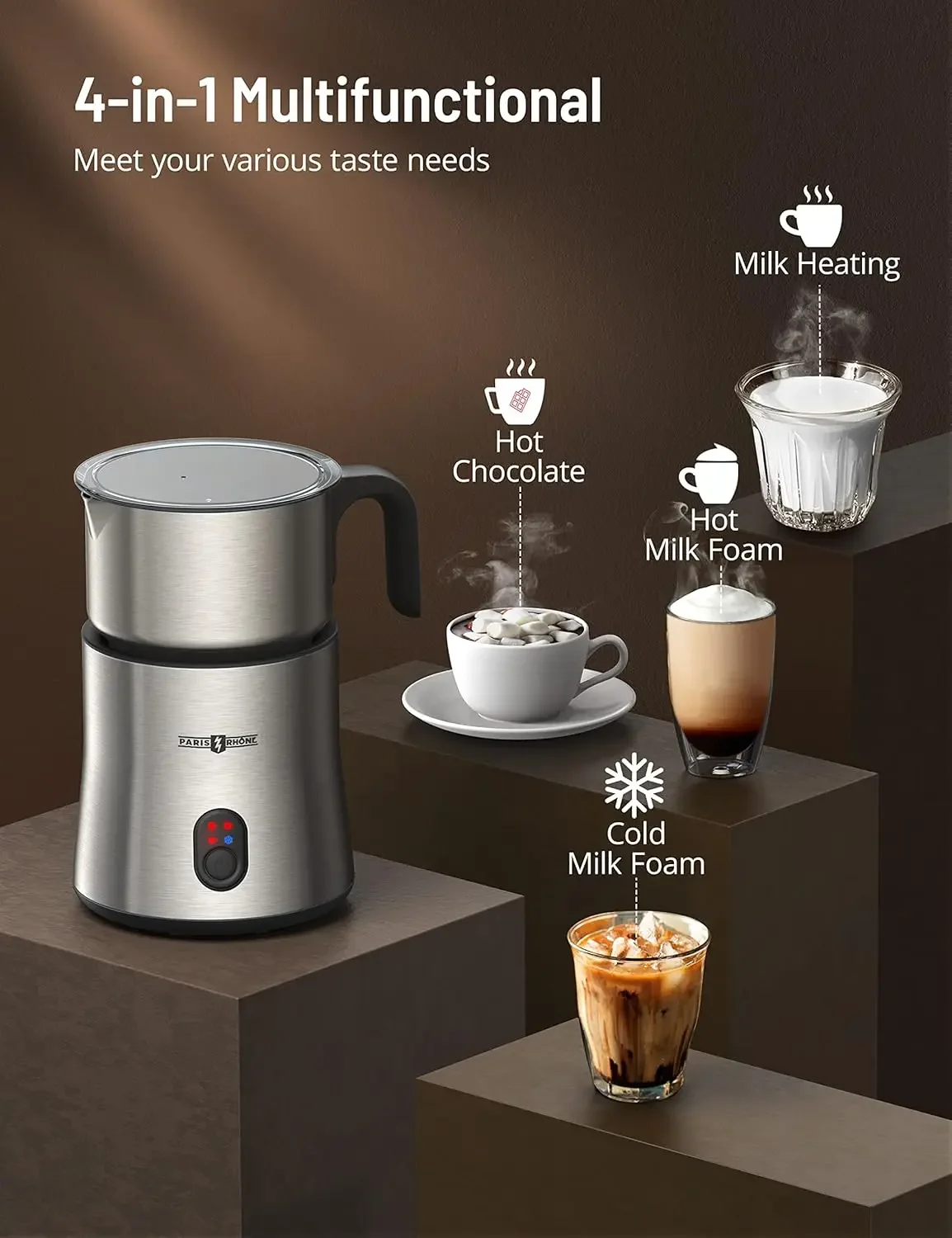 Milk Frother and Steamer, 4-in-1 Detachable Milk Steamer, 500ml Hot Chocolate Maker and Milk Warmer with