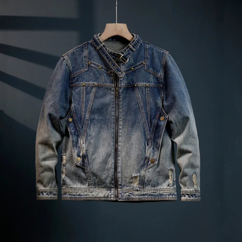 Jaket denim jalanan Amerika, atasan longgar gradien kepribadian retro musim gugur dan musim dingin baru