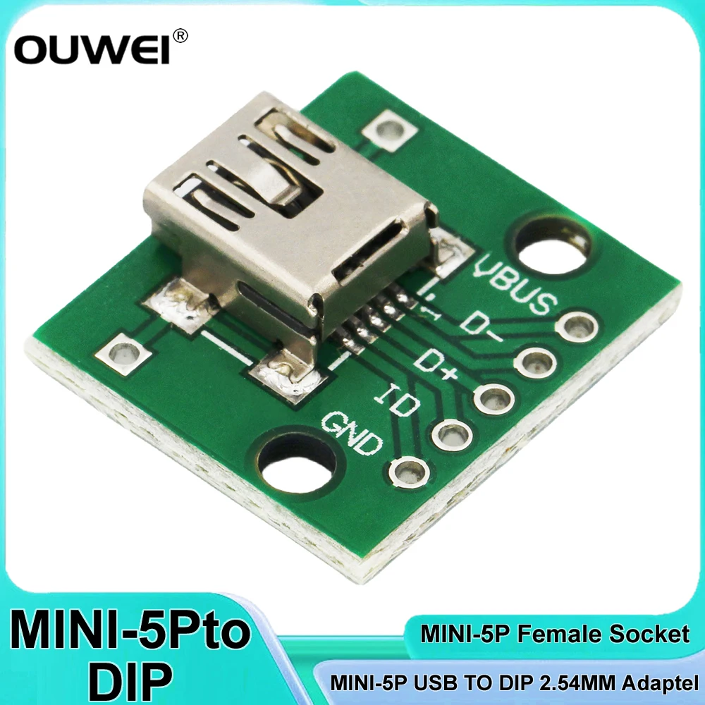 5PCS Lot MINI-5P USB Male Patch To DIP Adapter Female 2.54mm Header Connector PCB Interface Converter Board Adapter for Arduino