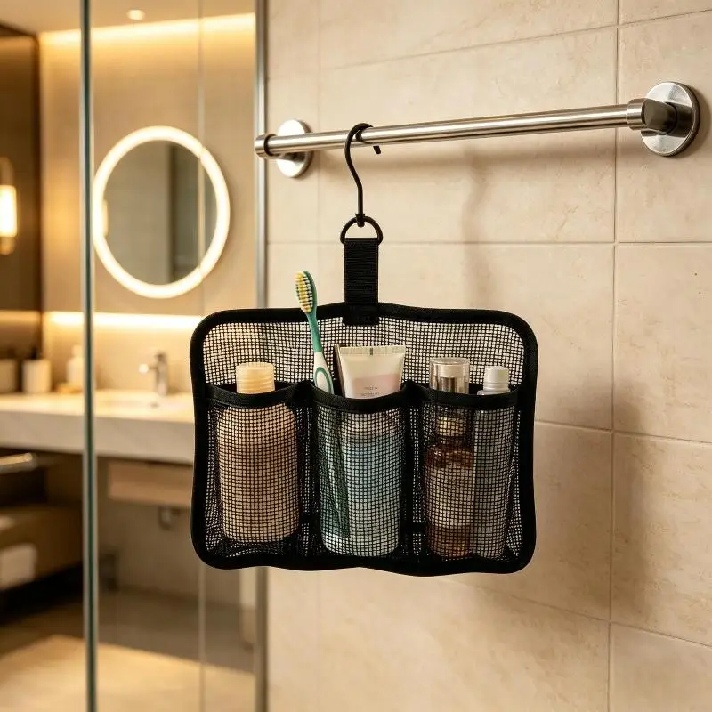 Portable Hanging Rotatable Hooks Lightweight Mesh 3‑Compartment Toiletry Bag Open Top Travel Gym Camping Storage