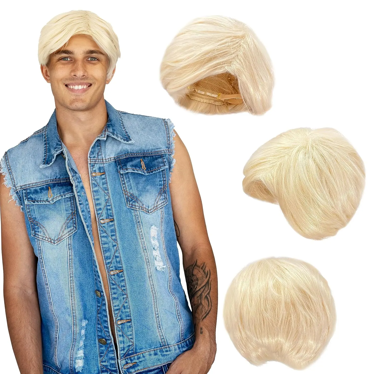 Perruques de plage blondes pour hommes, perruques synthétiques courtes superposées, cheveux de Costume de poupée blonde décolorés avec perruques réglables