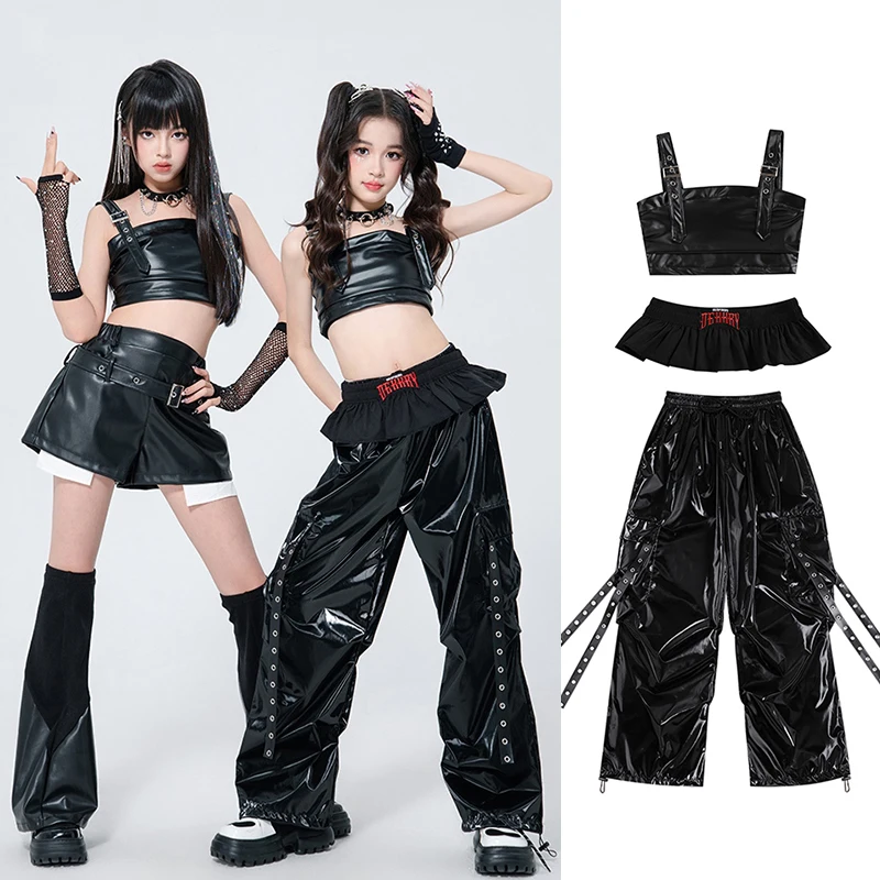 Coole Hip Pop Dance Kostüme Mädchen Gruppe Samba Dance Outfit K POP Street Bühnenkleidung Schwarzes Leder Jazz Dance Kostüm XH2609