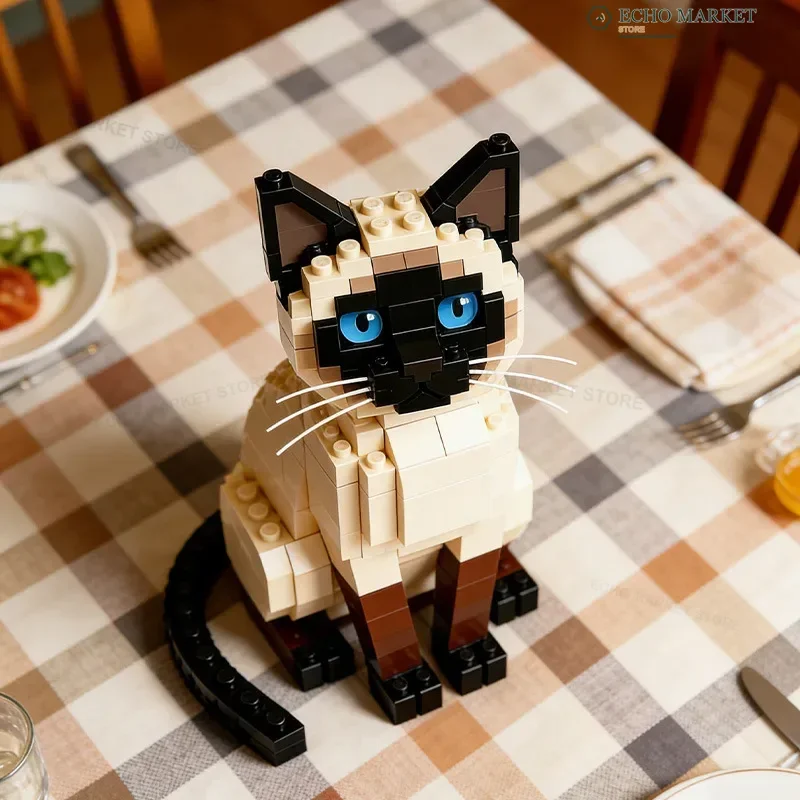 Set di Blocchi da Costruzione Gatto Siamese Kit Modello Animale Fai-da-Te Ornamento Creativo da Scrivania Decorazione per la Casa Regalo per gli Amanti dei Gatti