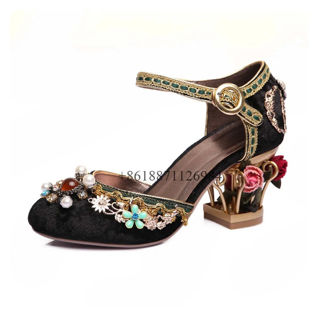 Genuine Leather Round Toe Summer Women Sandals Fretwork Middle Heels With Flowers Buckle Strap Large Size Customized Shoes