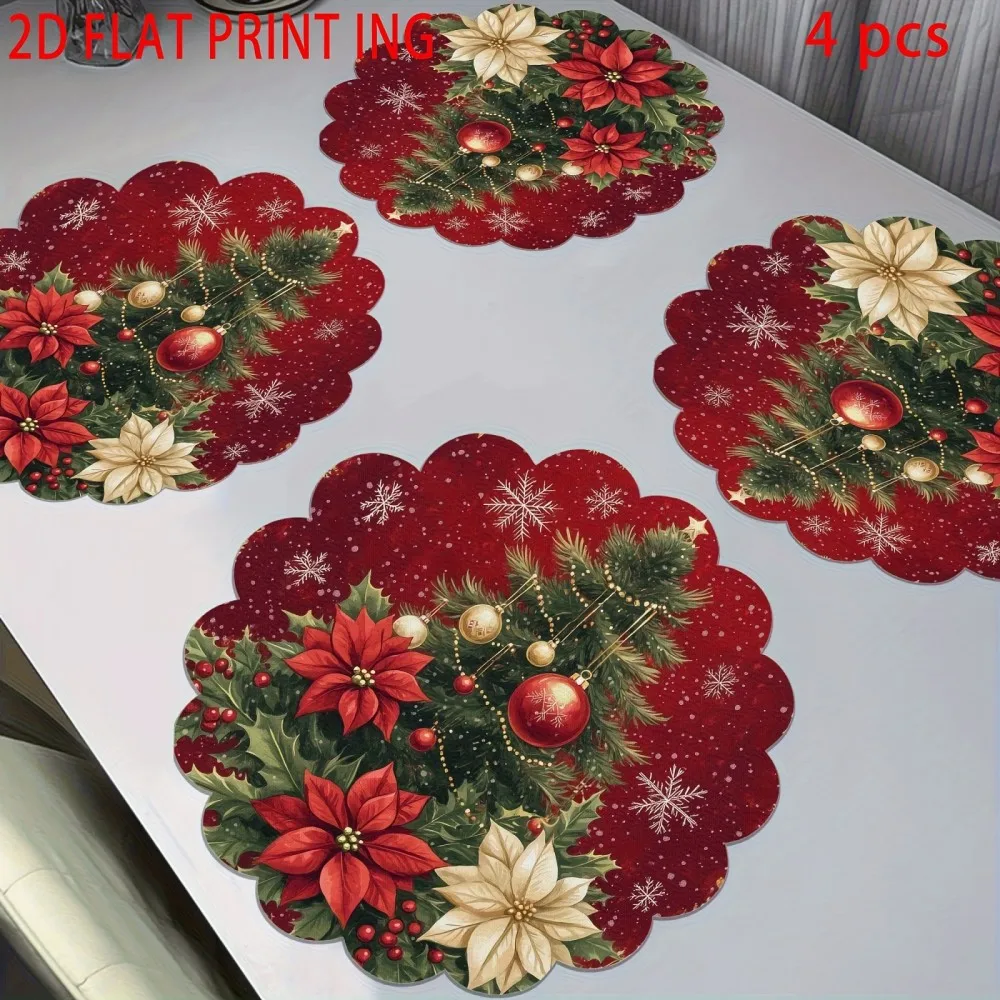 VIKAMA 4-teiliges rundes Weihnachts-Tischset-Set, rutschfest, waschbar, Untersetzer, Urlaubstischdekoration, Weihnachtsbaum, Blumenmuster