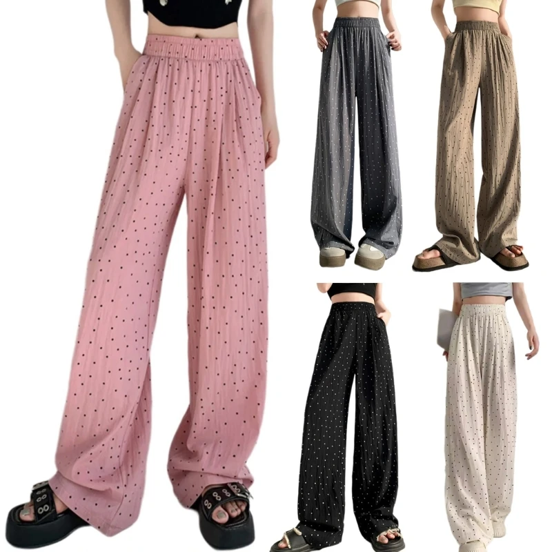 

Women Casual Loose Thin Wide Leg Pant Vintage Dot Print Elastic High Waist Pleated Straight Trousers with Pockets