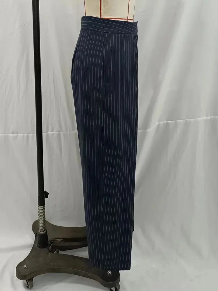 HH Women Autumn Fashion Vintage Wide-leg Long Pants Female High Waist Striped Pleated Pocket Design Loose Casual Trousers