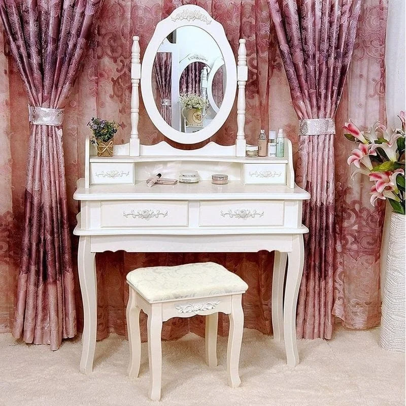 Rotation Removable Mirror Dressing Vanity Table Makeup Desk with Stool White