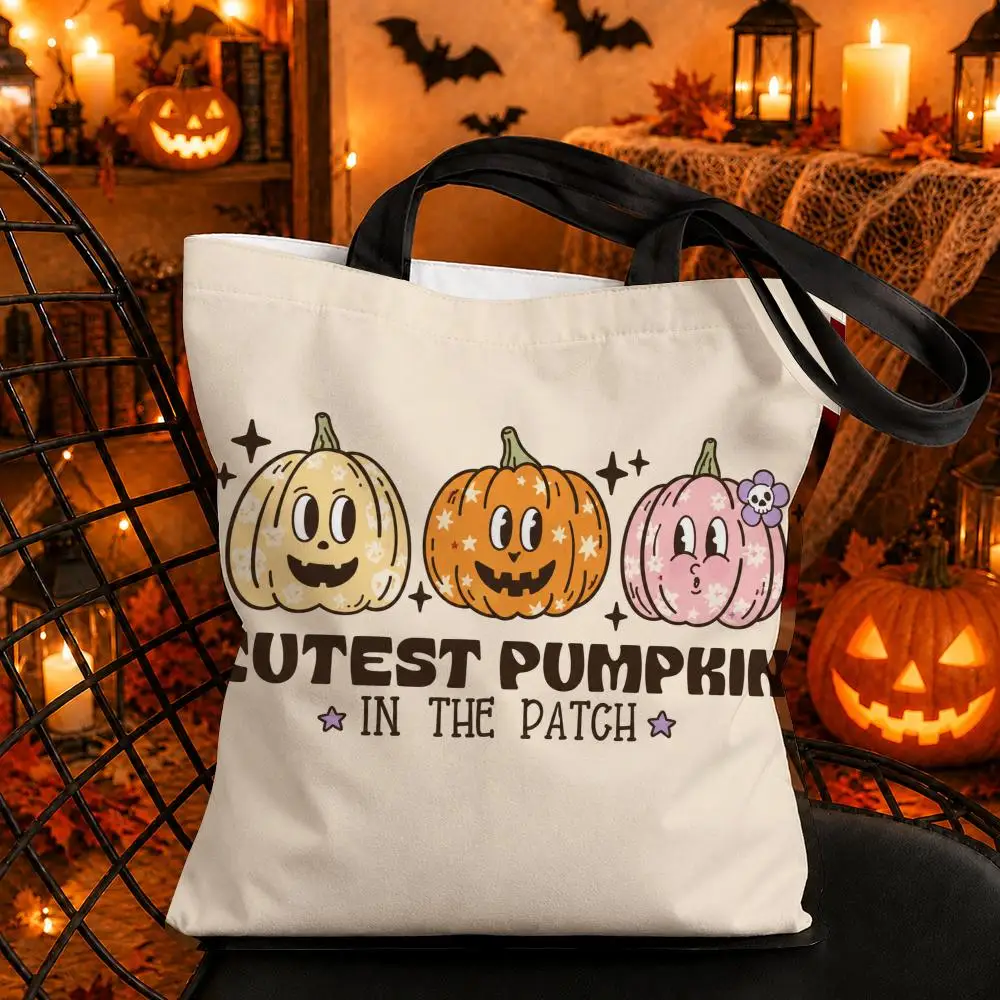 Cutest Retro Pumpkin Storage Bags Canvas Tote Bag Double-Sided Print Durable Shoulder Handbag for Festival Party Gift