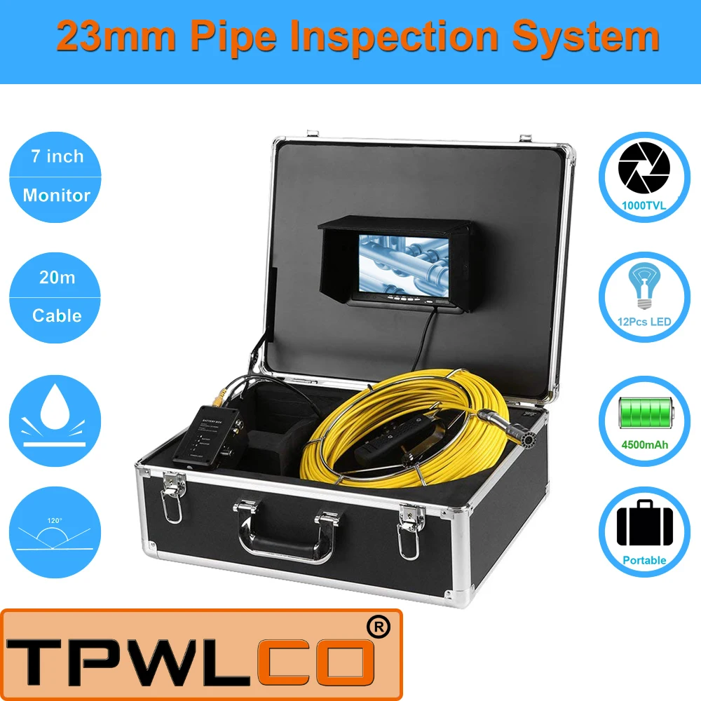 

1000TVL 23MM/17MM/6.5MM Lens Snake Industrial Endoscope 7" LCD 20M Cable Handheld Drain Pipe Sewer Inspection Camera System