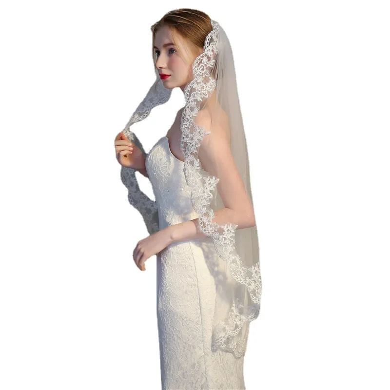 Lace Wedding Veil White Ivory 1 Tier Tulle Floral Lace Fingertip Bridal Veils with Comb