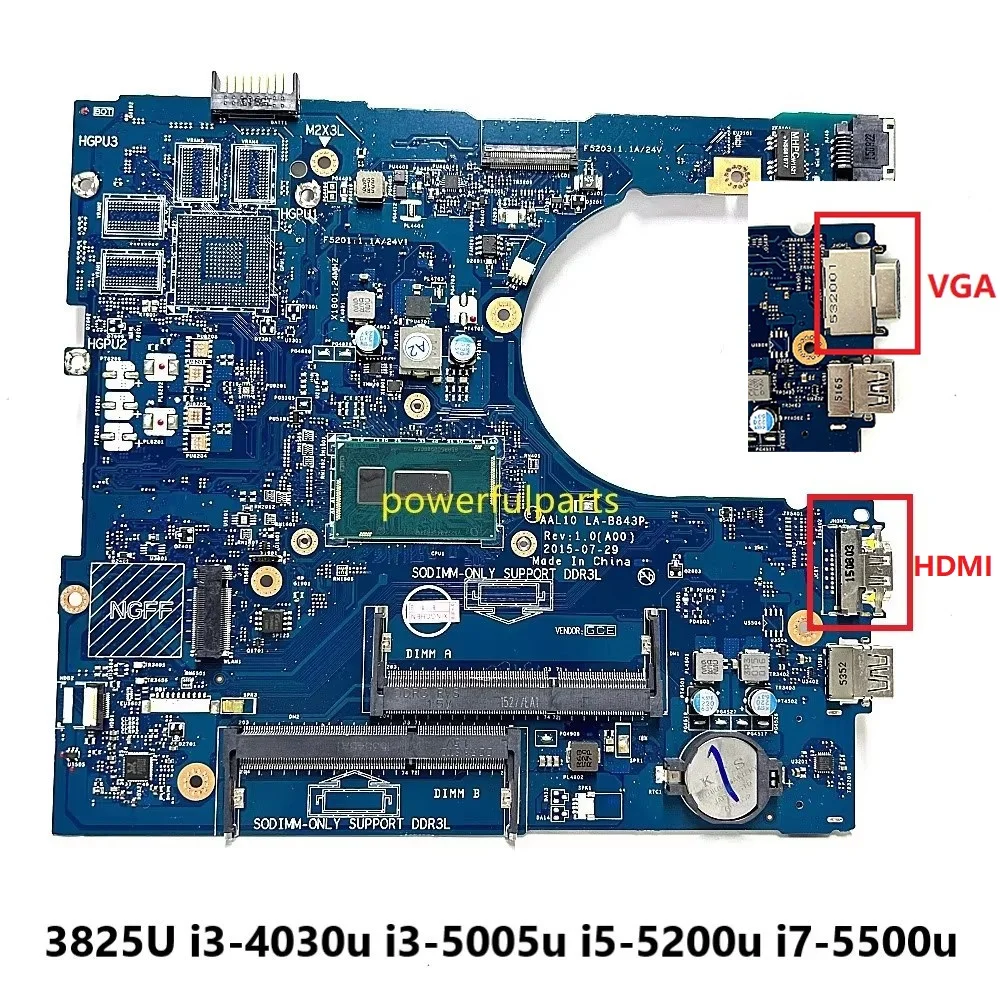 

For Dell Inspiron 3458 3558 5458 5558 5758 Laptop Motherboard 3805U 3825U i3 i5 i7 CPU 0F0FC6 027C5F 0FRV68 AAL10 LA-B843P