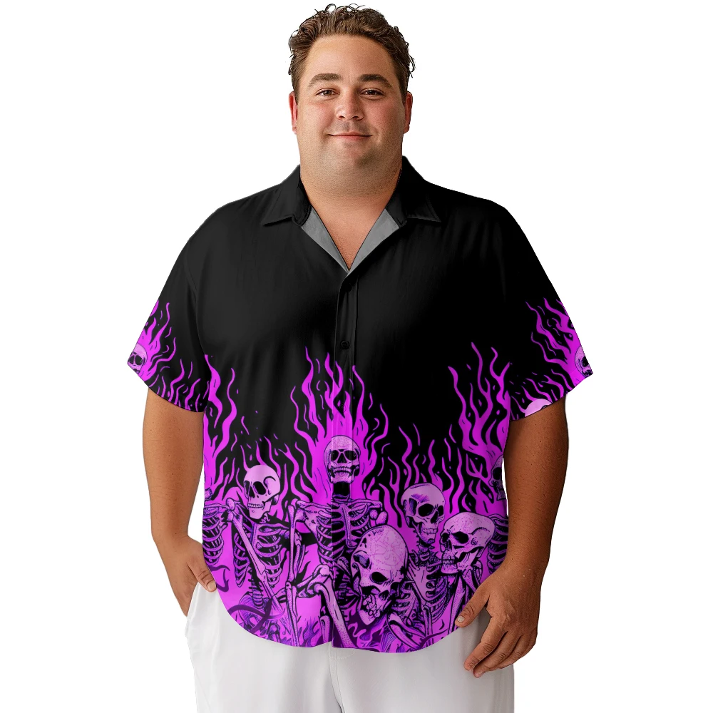 2024 new  Men's shirts plus size Halloween purple Burning skeletons printed clothing casual short-sleeved