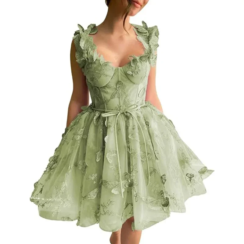 

Green 3D Butterfly Short Homecoming Dress Straps Lace Prom Cocktail Bodice Party Gown Classic High quality Sexy Pastrol Matching