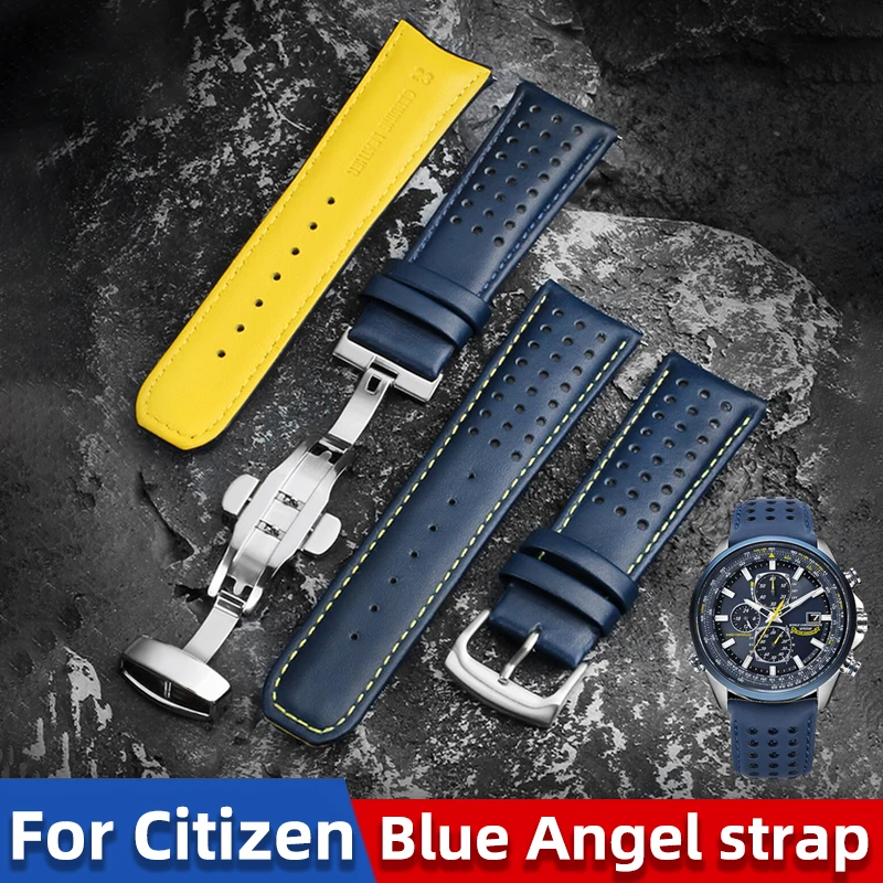 22mm 23mm Genuine Cowhide Leather Watch Band for Citizen Blue Angels AT8020/JY8078 Curved End Yellow Strap | Compatible Bracelet