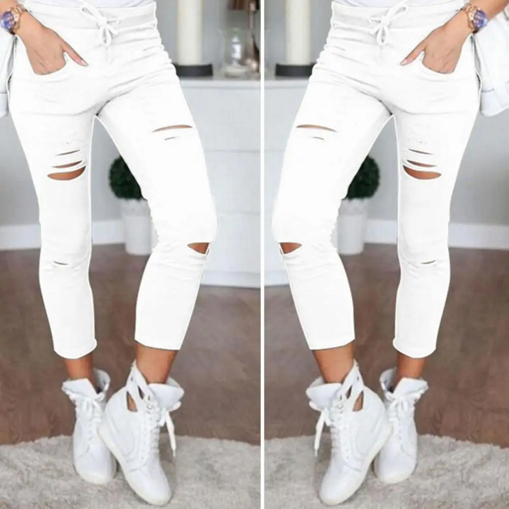 

Women Pencil Pants Elastic Waist Adjustable Drawstring Leggings Solid Color Ripped Holes Bottoming Pants Daily Wear