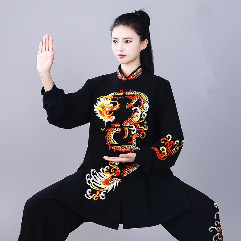

TOVEKIN Chinese Traditional Tai Chi Wushu Kungfu Suit Dragon Embroidered Martial Arts Wing Chun Training Morning Exercise