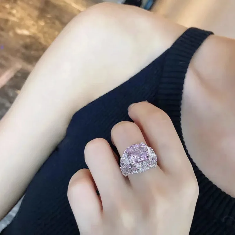 New 100% S925 sterling silver 12 * 12 imported high carbon diamond pink diamond fashionable luxury setting ring wedding jewelry