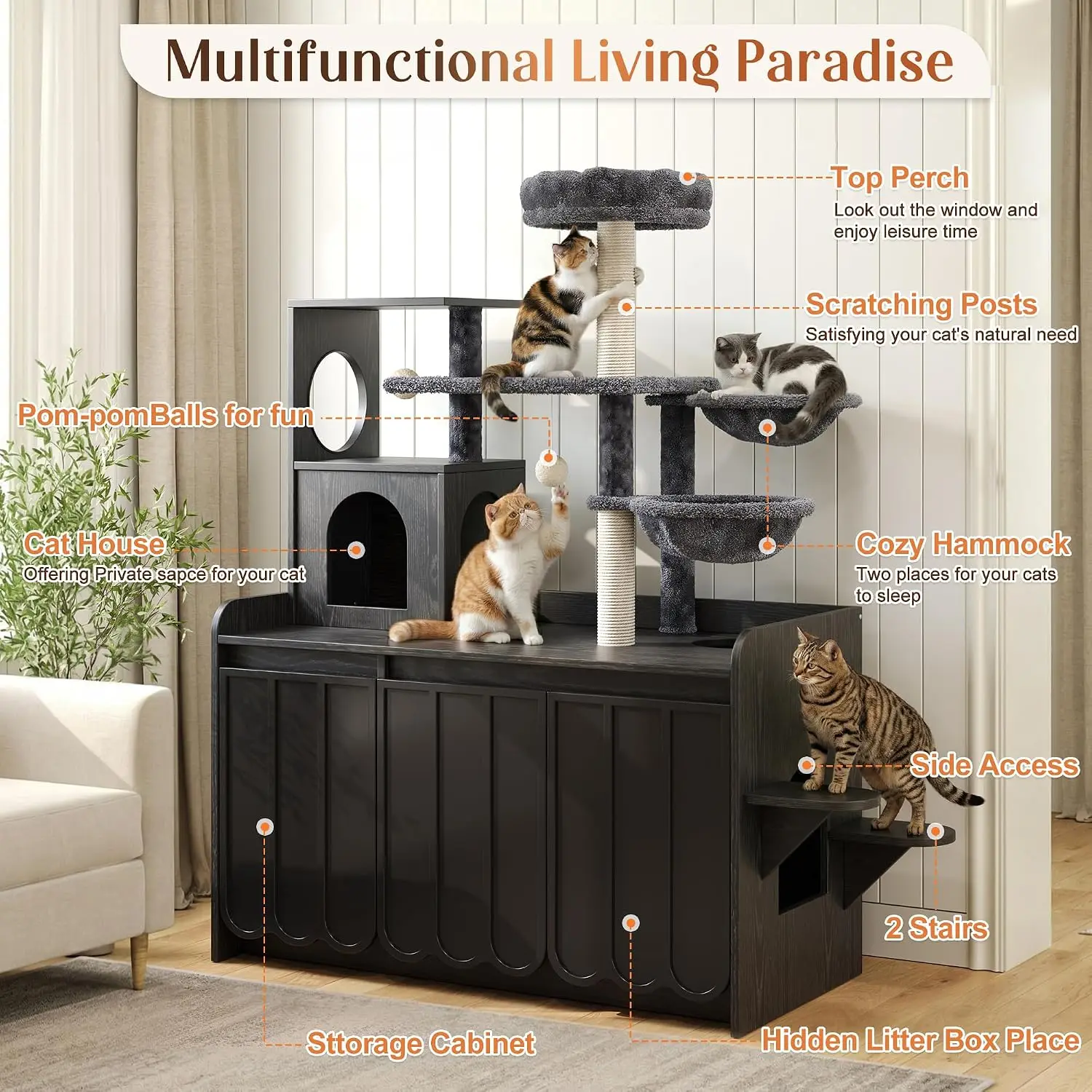 2-in-1 Wooden Cat Condo with Sisal Scratching Post and Litter Box Enclosure, Black - view 4
