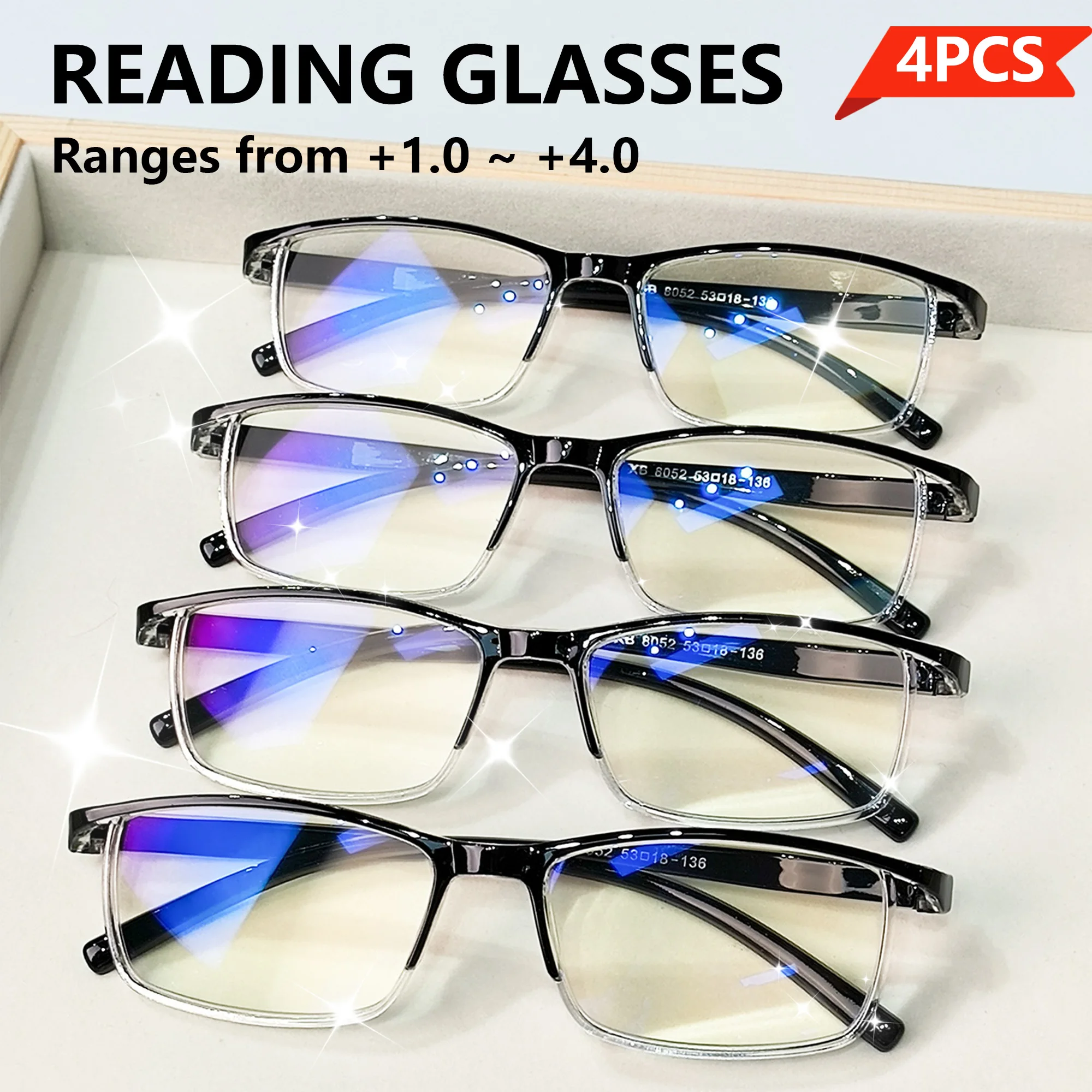 Óculos de Leitura em Pacote com 4 Peças, Bloqueio de Luz Azul, Lentes e Armação em PC, Sem Acessórios, Ampliação para Presbiopia +1.0 a +4.0