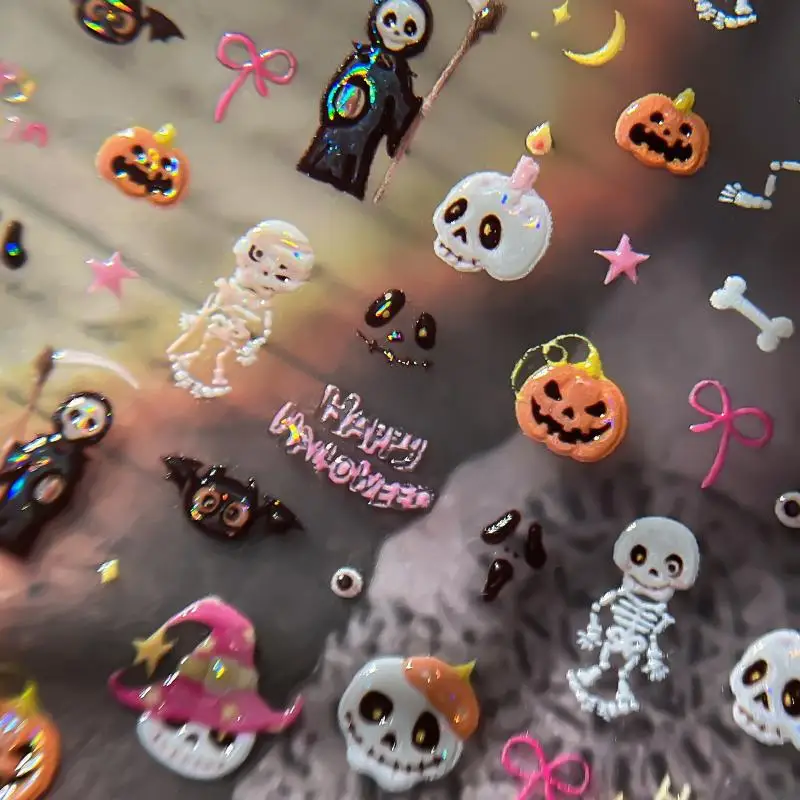 Glänzende Happy-Halloween-Nagelaufkleber, niedliche Skelett-, Geister-, Kürbis-, Fledermaus-, Gothic-Kreuz-, Stern-, Mond- und Schleifen-Aufkleber, Maniküre-DIY-Zubehör – Detail 6