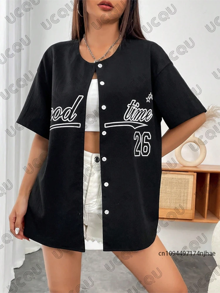 

2025 Summer New Retro Black Good Time 26 Printed Blouse Women Streetwear Baseball Shirt Hip Hop Short Sleeve Button Up Tops