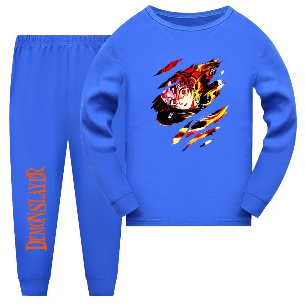 Demon Slayer Sleepwear Kamado Tanjirou Kamado Nezuko Agatsuma Zenitsu Children's Homewear Suit Long-sleeve Two-piece Pajamas Set