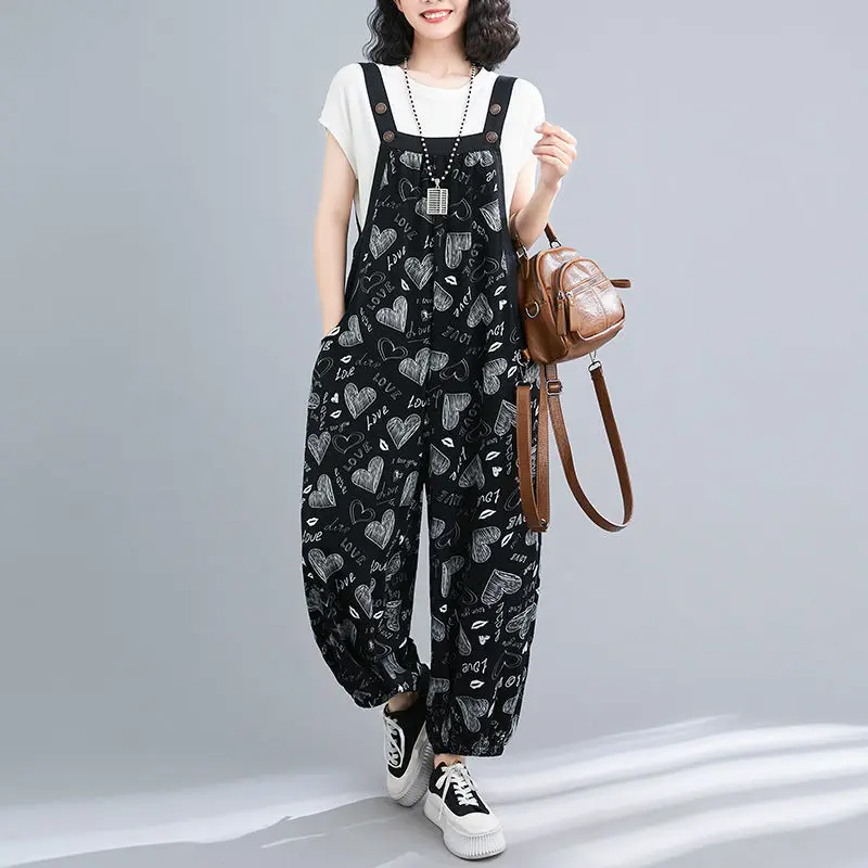 Women's Clothing Spring Autumn Summer Geometric Letter Printing Pockets Button High Waisted Loose Jumpsuits Vintage Pants