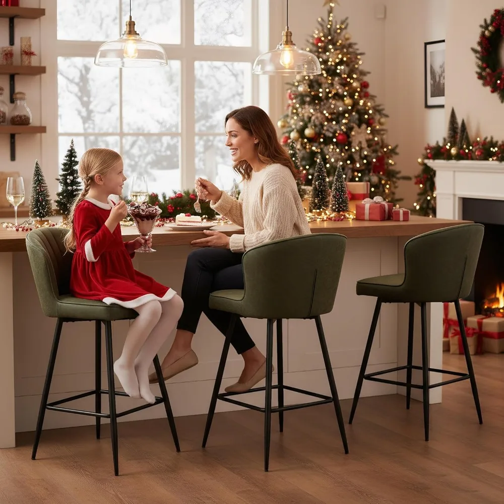 Green Leather Bar Stools Set of 2 Mid Century Modern Counter Stools 26 Inch Counter Height Stool Chairs Upholstered Kitchen Isla