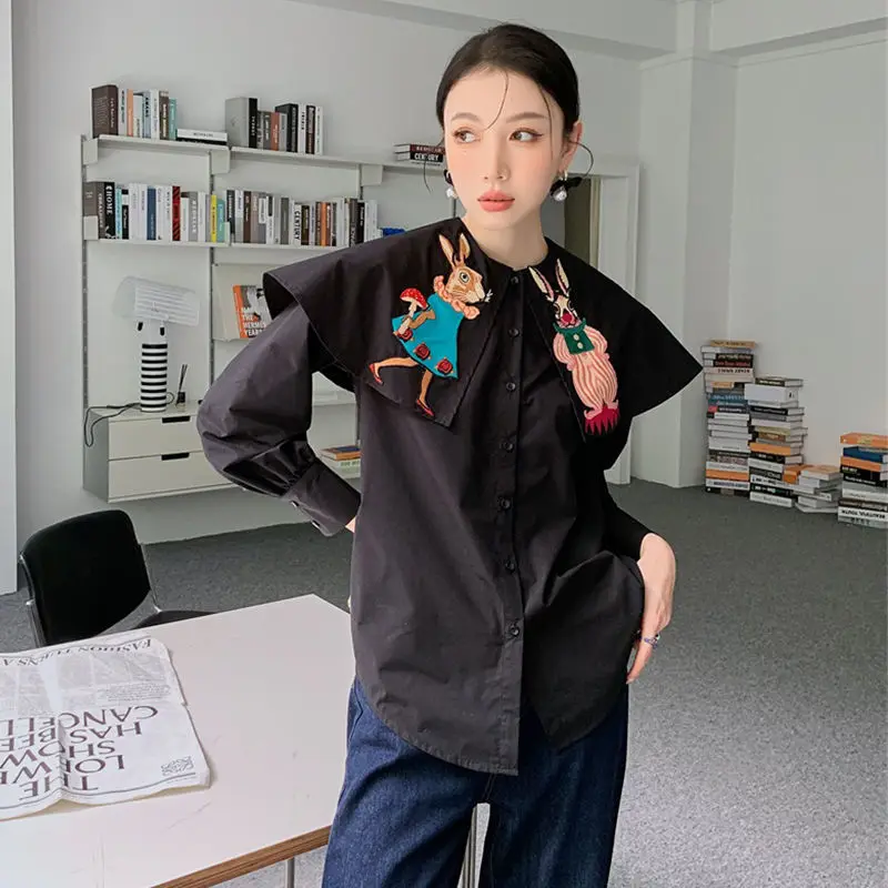 KOSAHIKI Vintage Cartoon Rabbit Embroidery Japanese Style Blouse Women Casual Loose Black Shirts 2024 Spring New Cute Blusas