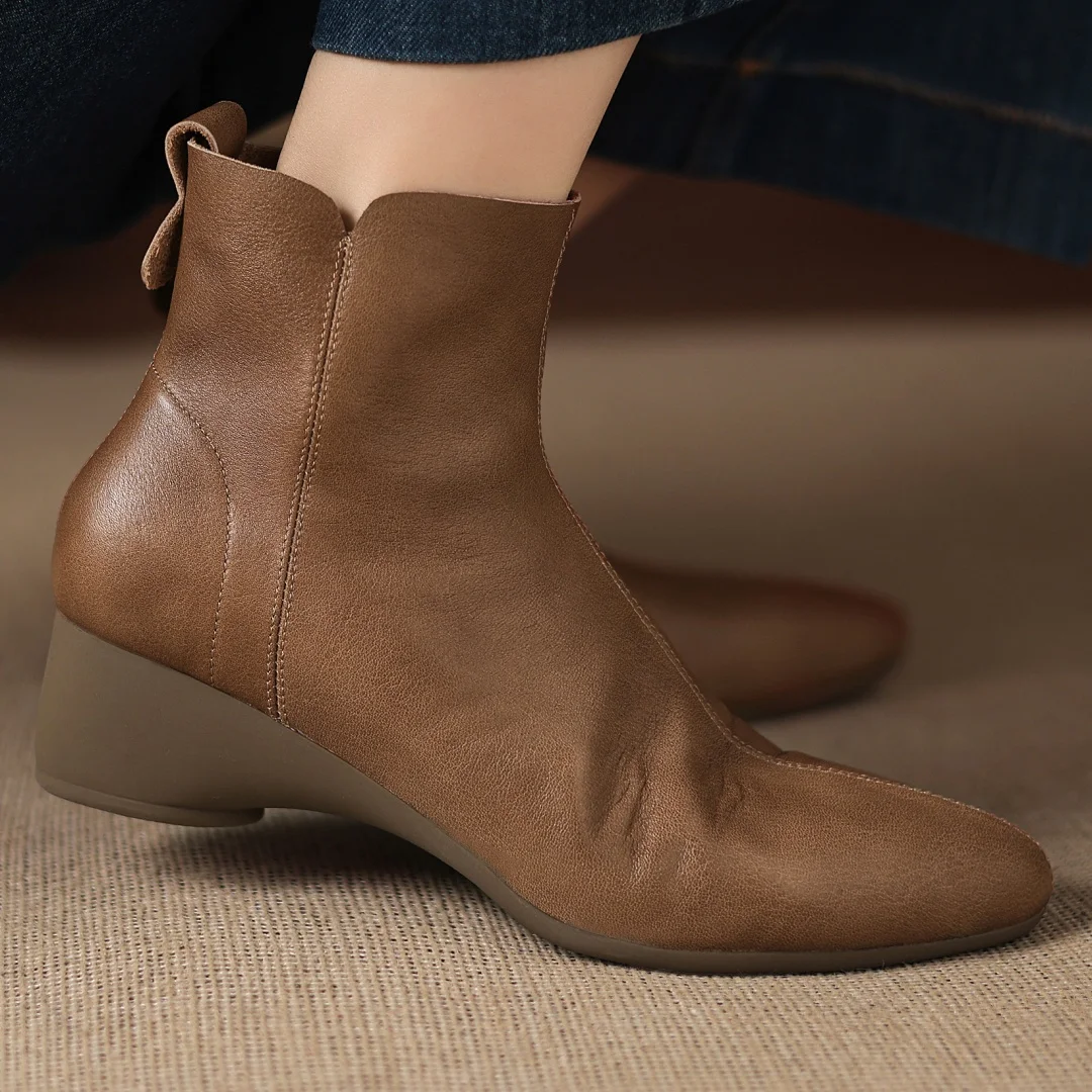 

Women's cow leather round toe side zip autumn ankle boots 4.5cm wedge med heel casual female high quality soft short booties hot