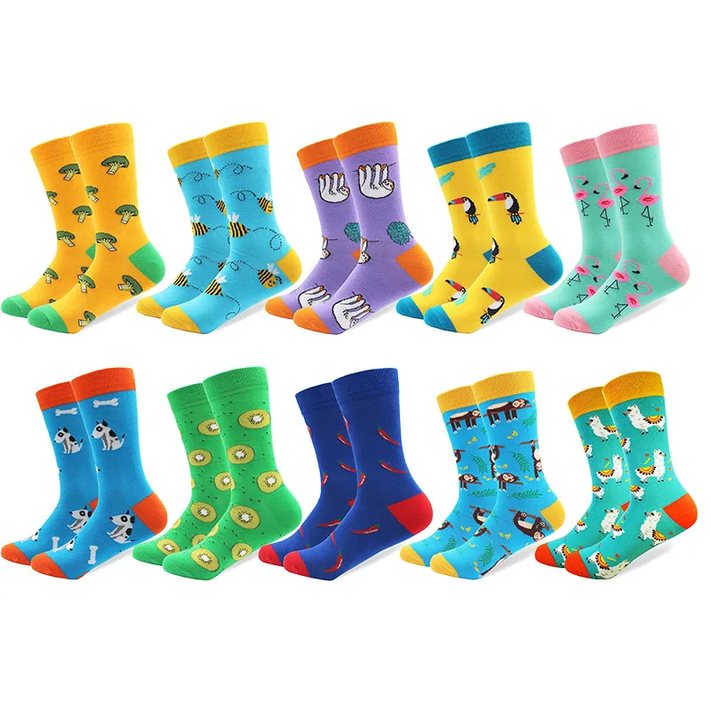 10 Pairs/Lot Men\'s Funny Colorful Combed Cotton Happy Socks Multi Pattern Animal Stripe Cartoon Dot Novelty Skateboard Art Socks