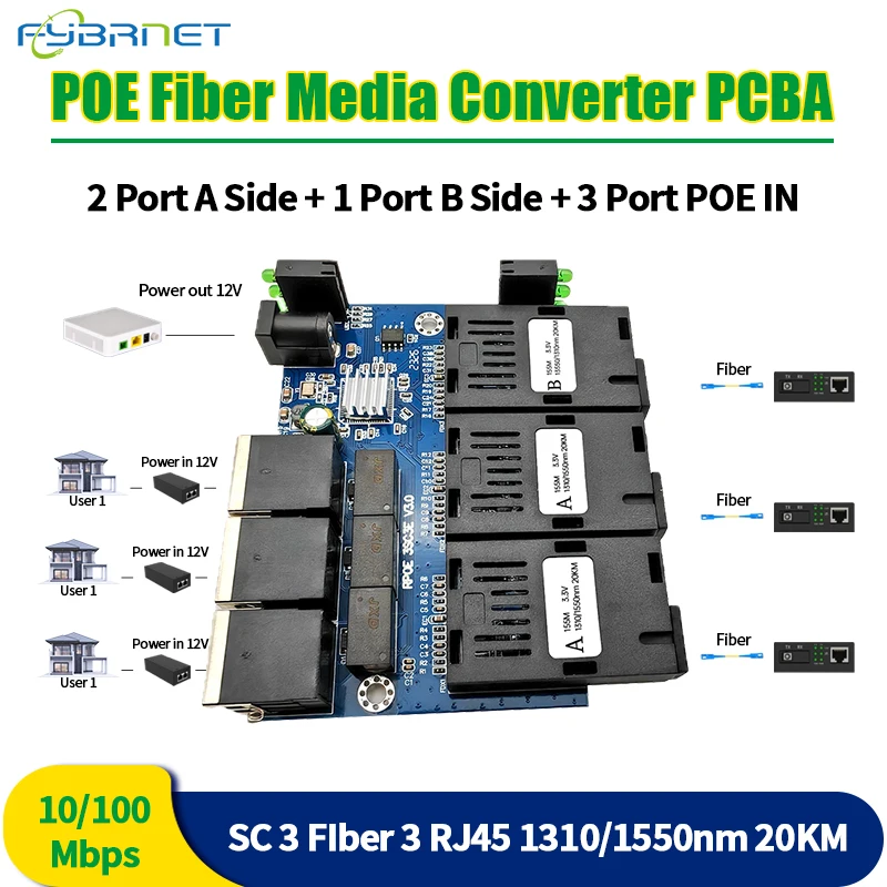 

10/100M 3F3E POE Fast Ethernet Fiber Switch output 12V 3 Fiber 3 RJ45 Optical Media Converter Ethernet SC PCBA placa metro Board