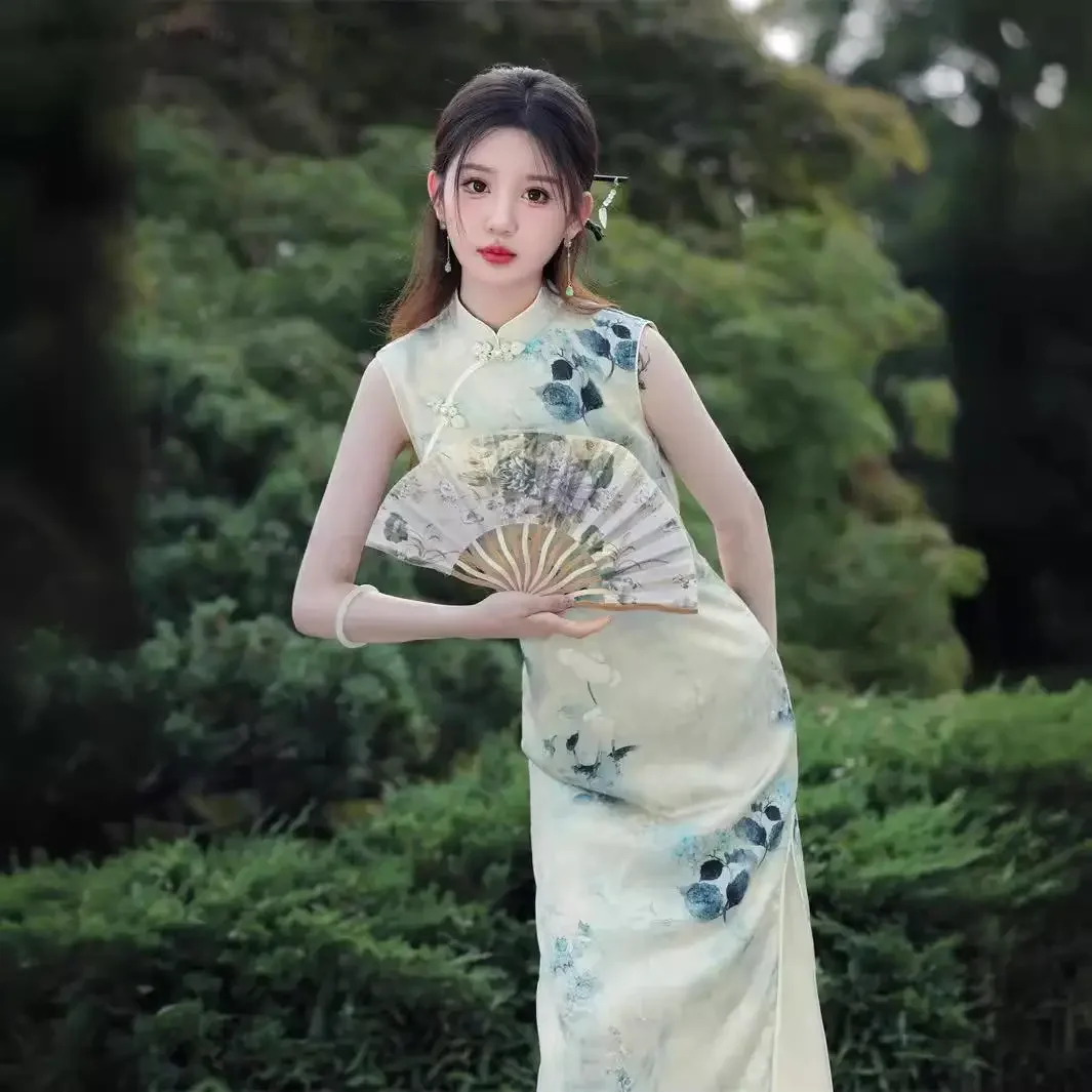 

Элегантное традиционное женское длинное Ципао, винтажное китайское платье с воротником-стойкой и цветочным принтом, новые летние Ципао